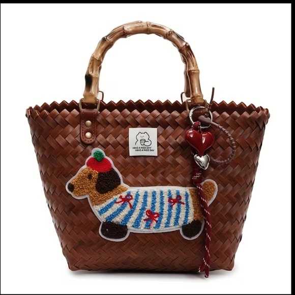 Brown Woven Tote Bag with Dog Patch - Picture 1 of 4